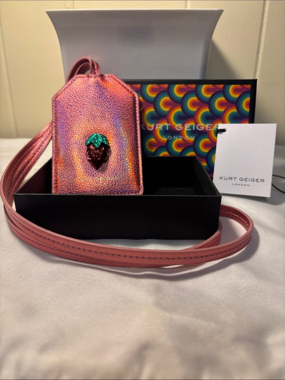 NIB/NWT Kurt Geiger Iridescent Pink Strawberry Tag Lanyard - Sold Out - Rare!